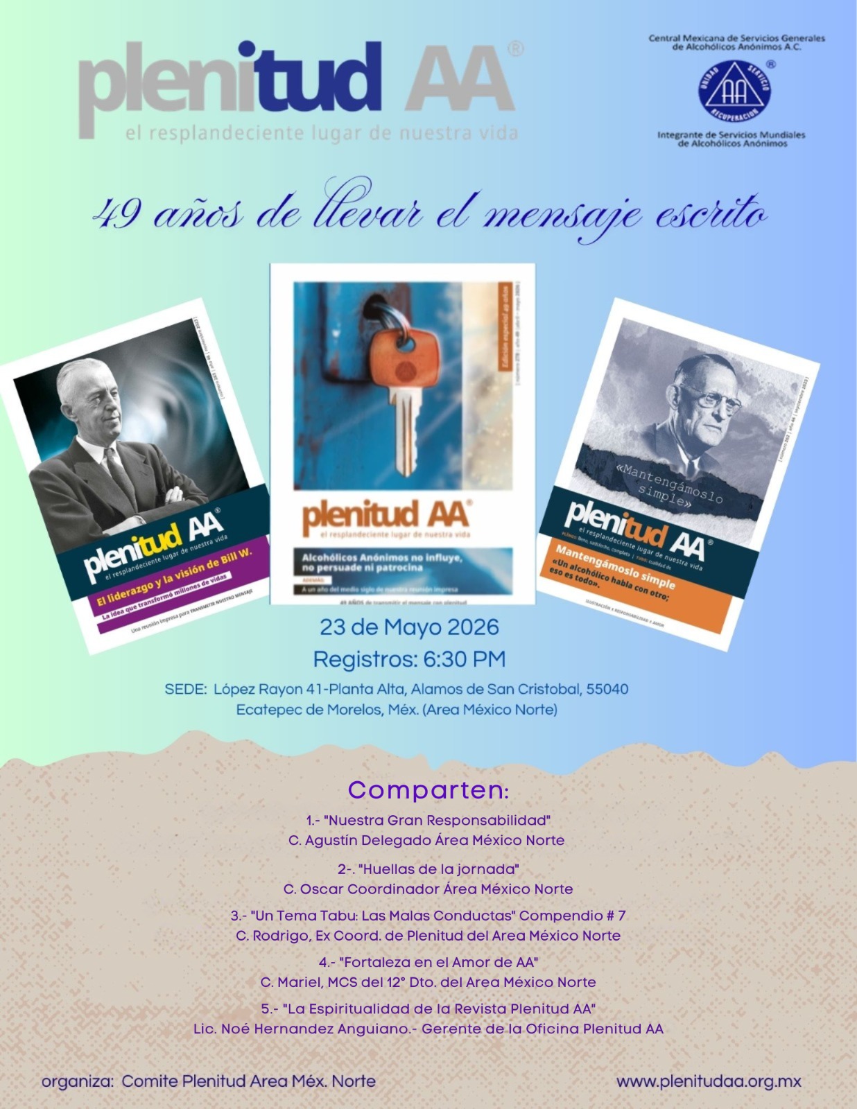 Flyer 49 años de llevar el mensaje escrito